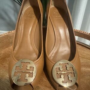 Tory Burch Brown Peep-Toe Heels with Gold Logo